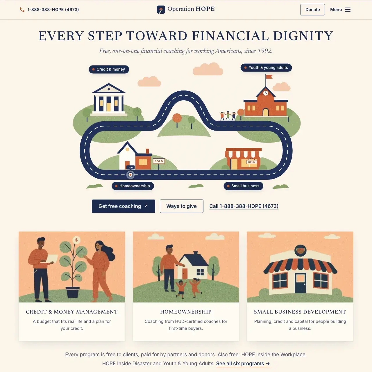 Screenshot of the live home page: the headline Every step toward financial dignity over the illustrated road, with three illustrated program cards below.