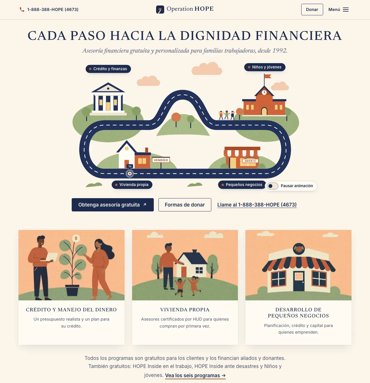 Captura de la página de inicio en línea: el titular Cada paso hacia la dignidad financiera sobre el camino ilustrado, con tres tarjetas ilustradas de programas debajo.