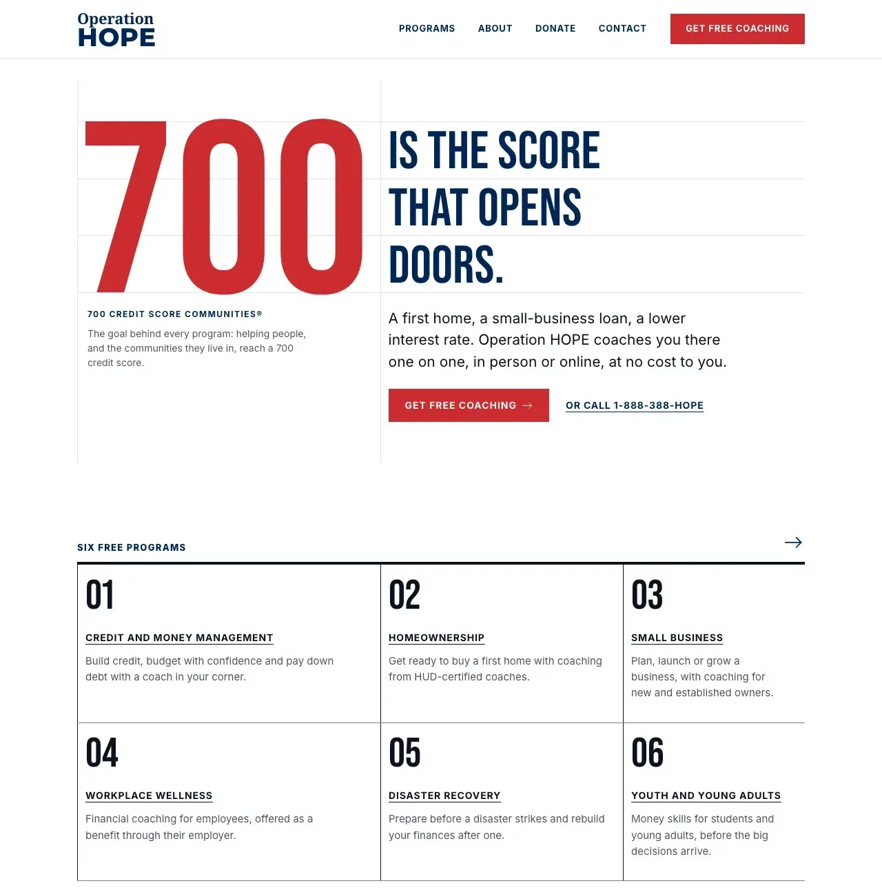 Screenshot of the live home page: the red 700 on its grid beside the words Is the score that opens doors, and the numbered program cells below.