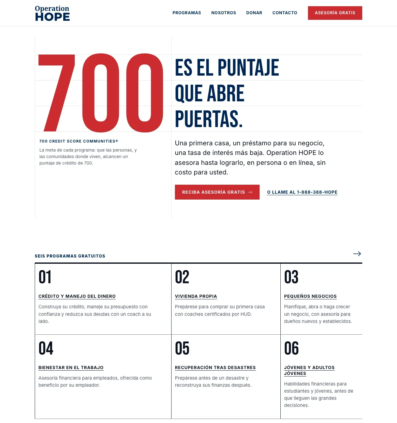 Captura de la página de inicio en línea: el 700 rojo sobre su cuadrícula junto a las palabras Es el puntaje que abre puertas, y las celdas numeradas de los programas debajo.